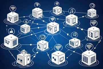 A network of interconnected white cubes representing various devices, connected by lines and icons, on a dark blue background