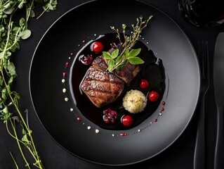 Gourmet steak dish with vibrant sauce and herbs