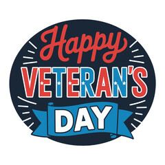 Happy veterans day badge, circular emblem with stars, ribbon banner, seal style, patriotic celebration label, sticker graphic, vector