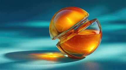 Two translucent amber spheres, overlapping, on teal surface