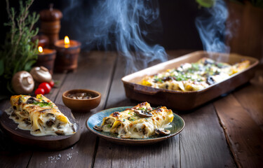 Creative food Concept. Potato puree and mushroom cheesy cannelloni with béchamel sauce melted cheese in baking pan with burning candles, tomato herb parsley on rustic wooden table. copy text space
