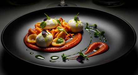 Elegant gourmet pasta with burrata and tomato sauce on a black plate.