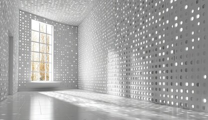 Modern, bright, perforated interior with large window