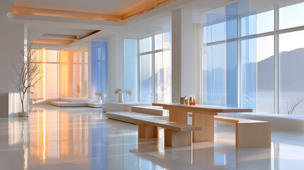 호수변에 위치한 파스텔톤 건물의 세련된 다이닝룸-A stylish dining room in a pastel-colored building located on the lakeside