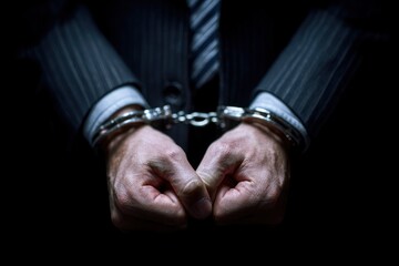 A man in a suit and tie is shown from the chest up with his hands cuffed together in front of him