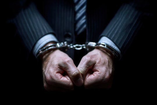 A man in a suit and tie is shown from the chest up with his hands cuffed together in front of him - Powered by Adobe