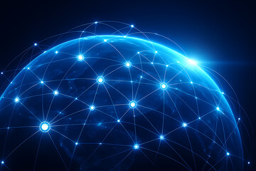 a glowing blue globe with a network of connected nodes and lines on it, representing global communication, connectivity, and digital technology