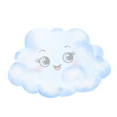 A fluffy cloud with cute eyes is smiling. Digital watercolor illustration. a child's cloud, isolated on a white background. For postcards, children's books, invitations and textile printing