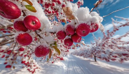 Red apples covered in snow on branches (1)