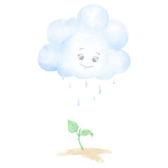 Fluffy cloud with eyes looks down at raindrops and a green sprout from the ground. Watercolor illustration. Funny cloud is smiling, isolated on a white background. For children's printing and textiles