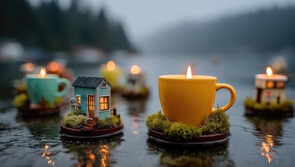 Miniature houses on water, lit by candles