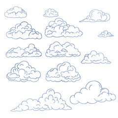 Fluffy and cumulus clouds, stylization of contour drawing with pencils. Digital watercolor illustration. A set of rain clouds is isolated on a white background. Concept of the sky, mereology, flights