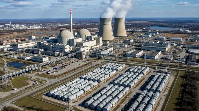 Aerial view of a nuclear power plant with cooling towers emitting steam and rows of spent fuel casks, energy production footage.