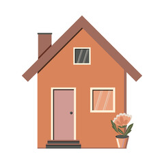 Light brown house with windows, a pink door, and a dark brown roof, complemented by a beautiful flower in a pot, isolated on a white background. Vector.