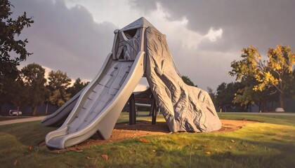 Playful gray rock-shaped playground structure with slide