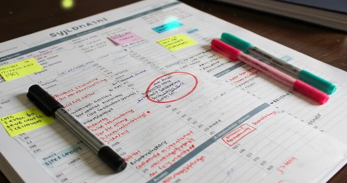 Organized planner with notes and colorful markers