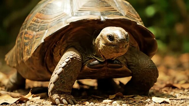 Close Up Cinematic Shot Of Tortoise Walking In Sunlight