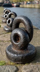 Dark, weathered metal mooring posts line canal bank