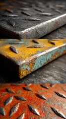 Close-up of three metal plates, showing varied colors and textures of rust and paint