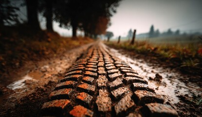 Mud-caked tire on a rural trail