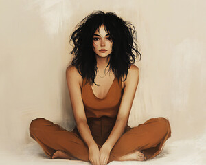 Naklejka premium Artistic depiction of a relaxed young woman with dark hair in a tranquil pose seated on the floor