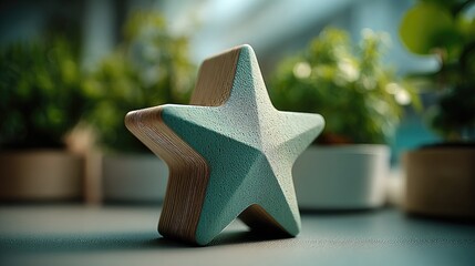 Teal-and-brown star figurine on a table, surrounded by plants