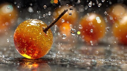 Golden fruit, water droplets, dark background