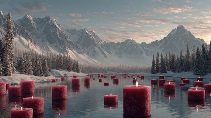 Snowy mountain landscape, many red candles float on a still lake