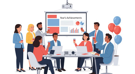 business achievement celebration colleagues toasting years achievements with wine in modern office promoting teamwork and corporate success balloons