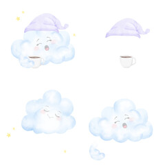 A fluffy cloud in a nightcap yawns and holds a mug of coffee in his hand. Watercolor illustration. A set of sleeping clouds and a design element, isolated on a white background.