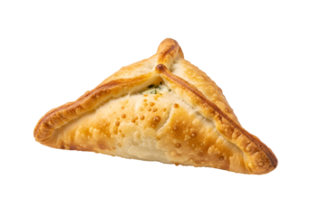 Golden-brown, triangular pastry filled with savory ingredients, presented against a striking black background.