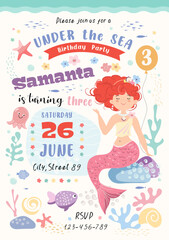 mermaid birth day party  invitation  vertical card, hand drawn, doodle , anniversary, celebration, cute vector illustration