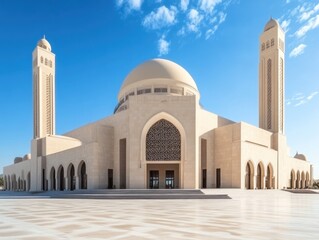 Grand mosque facade, bathed in sunlight