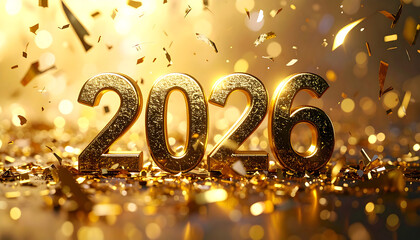 Golden numerals of the year 2026 sparkle amidst falling confetti and bokeh lights, symbolizing celebration and the future.
