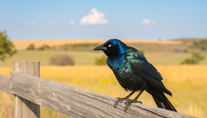 Blue bird perched on a rustic wooden fence, overlooking a golden field