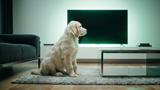 Golden Retriever Sitting In Futuristic Living Room With Green Screen
