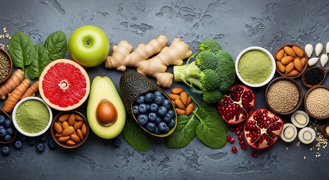 Superfoods Flatlay: Healthy Eating,  Vibrant Fruits & Vegetables, Nutritional Ingredients, Wellness, Diet, Detox, Clean Eating.