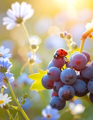 Ladybug on grapes in wildflowers