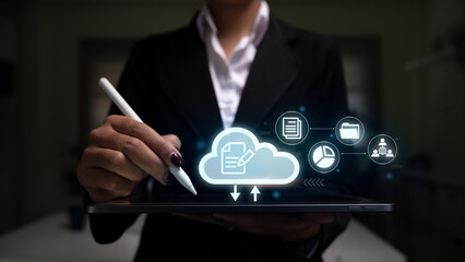 Cloud technology concept showing file management, analytics, and collaboration symbols