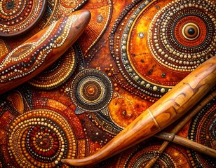 Rich textures and warm colors of aboriginal art with didgeridoo instrument