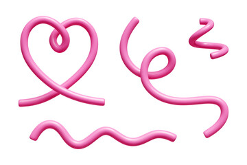 Pink doodle line shapes with 3d abstract color heart symbol, curved ribbon and wavy forms for decoration design. Glossy plastic cylindrical elements with smooth texture. Creative artistic set