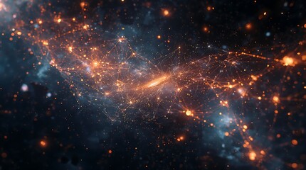 An ultra-realistic depiction of a glowing, ethereal network of data streams floating through space, with galaxies in the background. 8k.