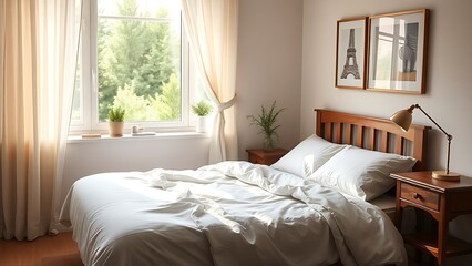 Cozy bedroom corner with a neatly made bed and nightstand, filled with soft morning sunlight.