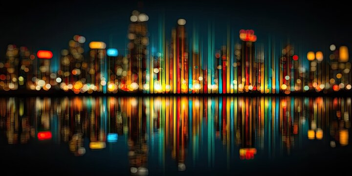 Blurred city skyline at night, vibrant lights reflected in water