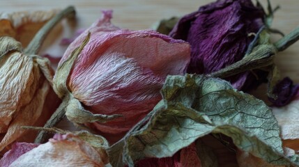 Beautifully dried roses in various shades of pink, purple, and cream arranged on a wooden surface at close range