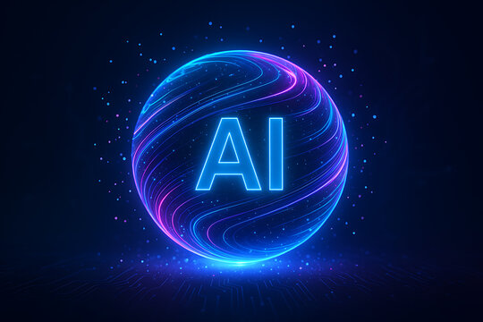 An ai sphere glowing in a neon purple and blue digital background represents the future of artificial intelligence technology and data science