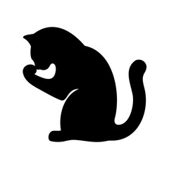 Silhouette of a cat grooming itself with its paw on a white backdrop