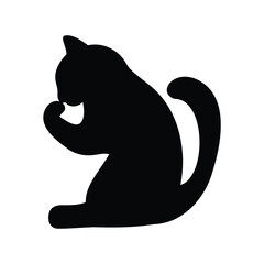 Silhouette of a cat grooming itself, sitting upright and elegant on white