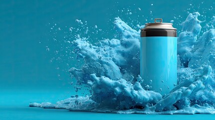 Blue can surrounded by a splash of blue foam