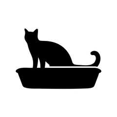 Silhouette of a cat inside a litter box with curled tail